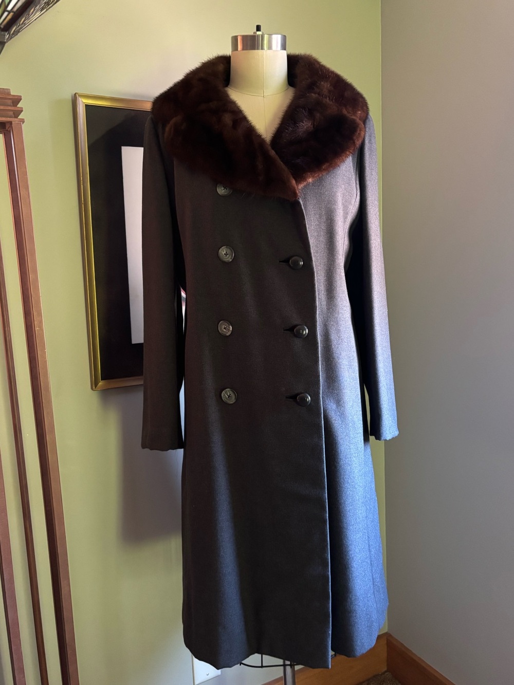 Women's Grey Wool Coat with Fur Collar